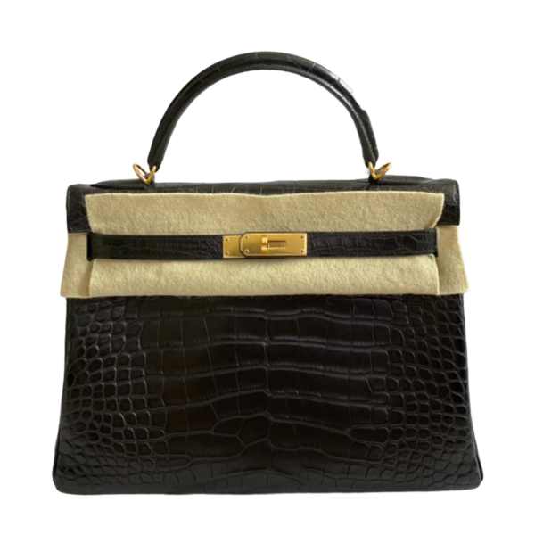 Hermes Kelly 32 Black Alligator Matte Handbag