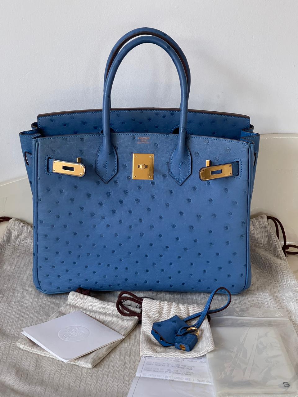 A Hermes Birkin 30 Blue Mykonos Ostrich Leather Bag for sale at auction on  30th June