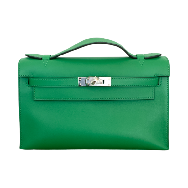 Hermes Kelly Pochette Green Bambou Swift Handbag