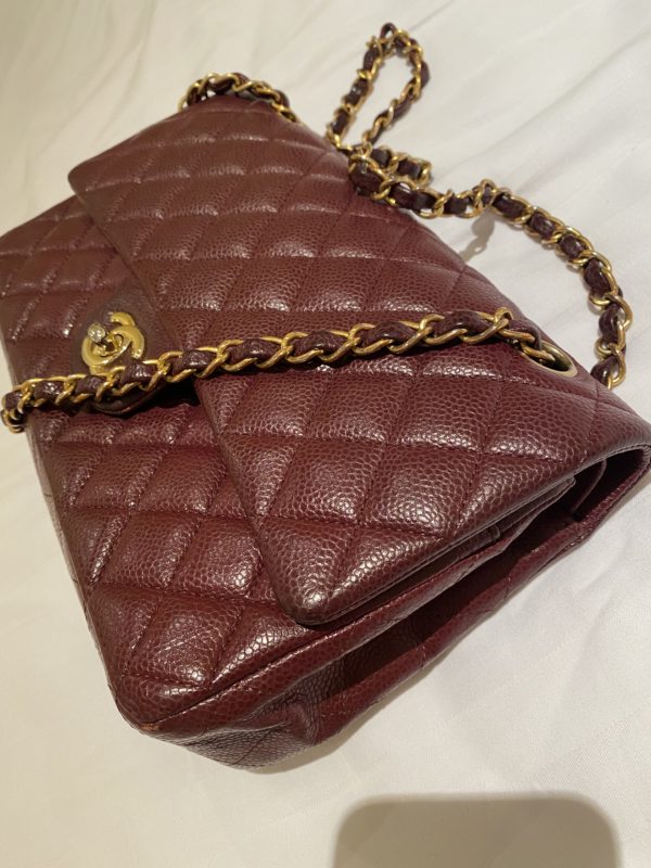 Pre Owned Chanel Maroon Small Classic Flap Bag Gold Hardware