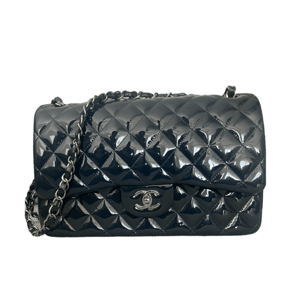 Chanel Blue Patent Leather Quilted Jumbo Classic Single Flap Bag