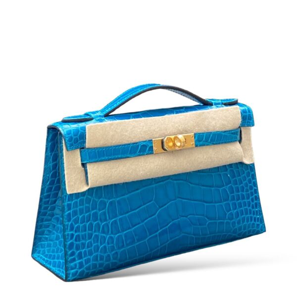 Hermes Kelly Pochette Croco Blue Izmir GHW - Image 2