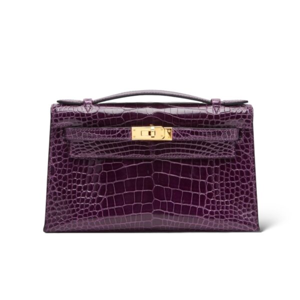 Hermes Kelly Amethyst Croco Pochette GHW
