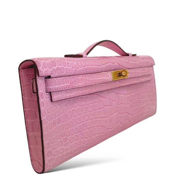 Hermes Kelly Cut Pochette Pink Bubblegum Matte Croco GHW - Image 2