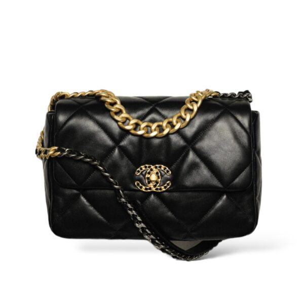 Chanel 19 Large Handbag Black Shiny Lambskin Gold-Tone, Silver-Tone & Ruthenium-Finish Metal