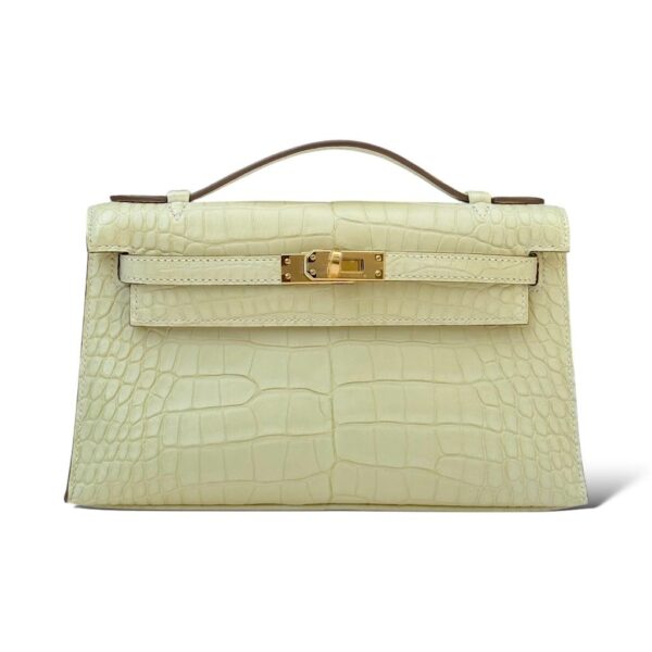 Hermes Kelly Pochette Vanille Matte Croco GHW