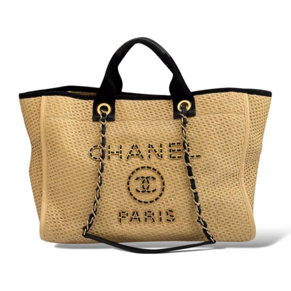Chanel Beige & Black Raffia Deauville Shopping Bag