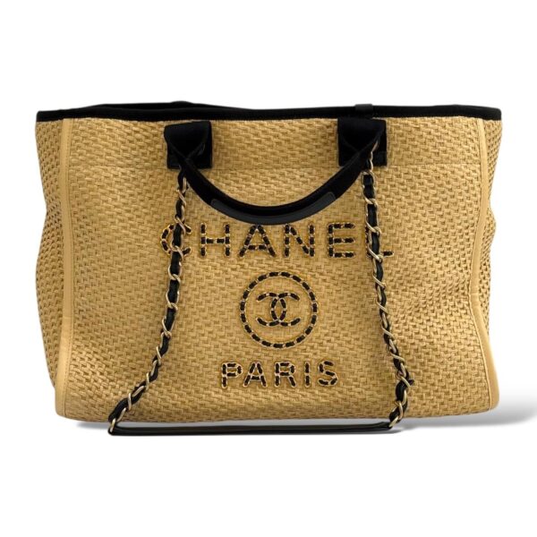 Chanel Beige & Black Raffia Deauville Shopping Bag - Image 3