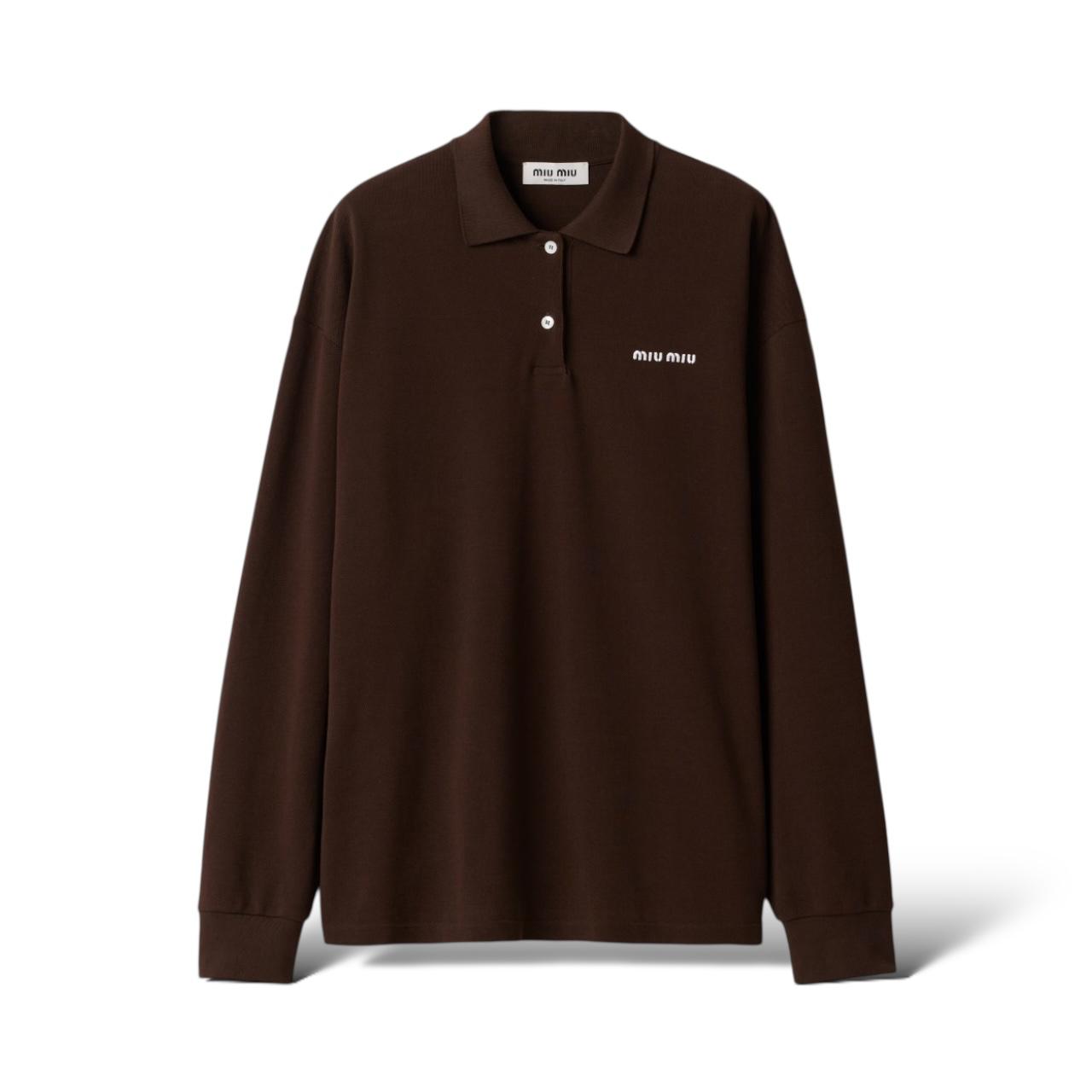 miu miu ブラウン コットン ポロシャツ 長袖 Miu Miu Logo-embroidered Cocoa Brown Polo Shirt in Cotton Piqué