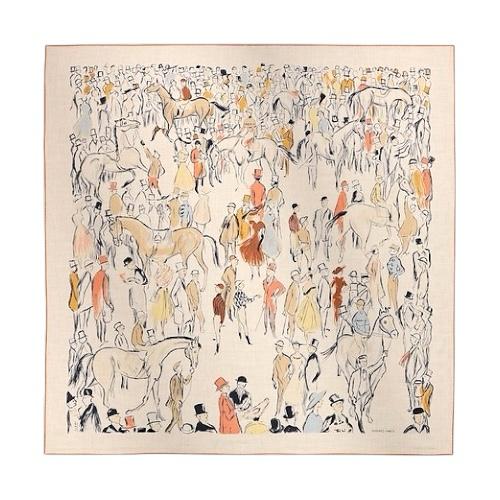 Hermes Stole Paddock Beige Coral Animal Cashmere Silk Shawl 140