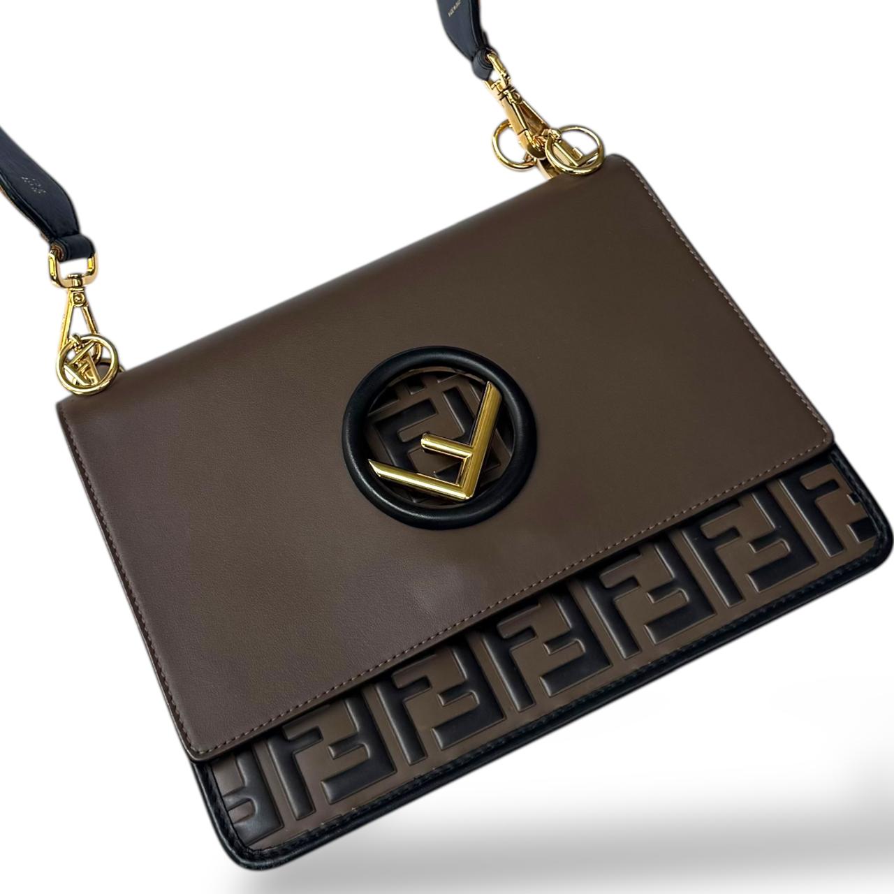 Fendi Brown/Black Leather Kan I F Logo Shoulder Bag - Image 7
