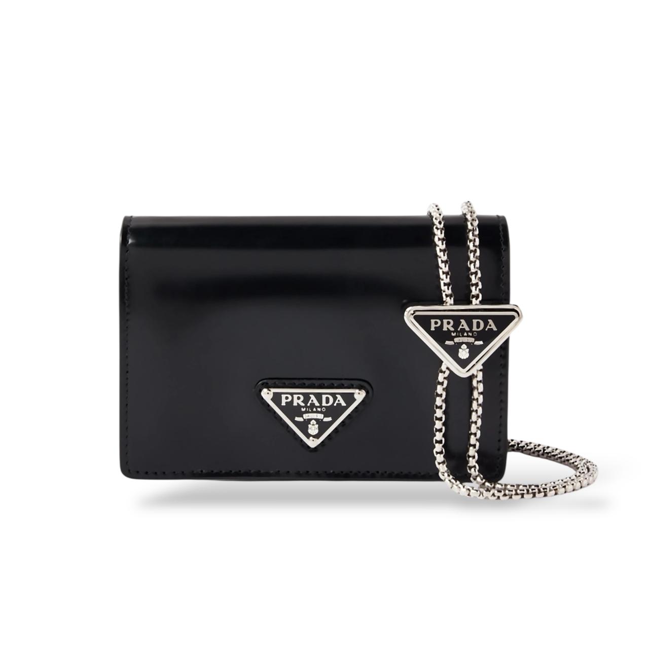 Prada Triangle Logo Wallet on Chain in Brushed Leather
