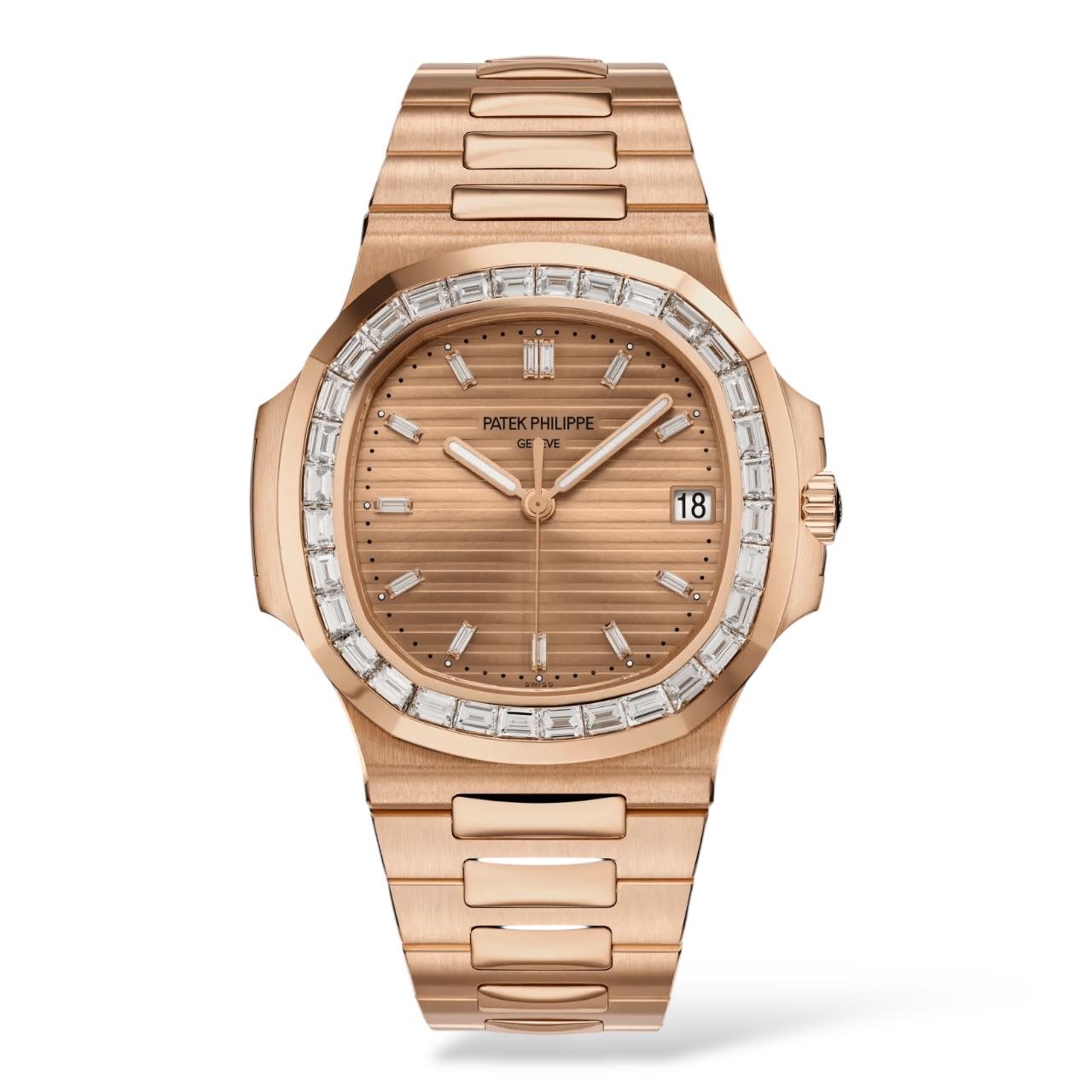 Patek Philippe Nautilus Joaillerie 40mm 5723/1R-001 Rose Gold Baguette Diamonds Sunburst Rose-Gilt Dial