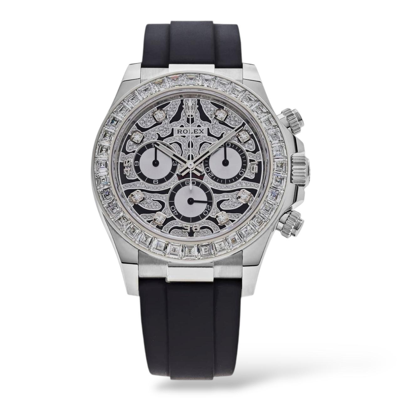 Rolex Daytona 40mm 116589TBR "Eye Of The Tiger" White Gold Diamond Bezel Black and Silver Diamond Dial Oysterflex Bracelet